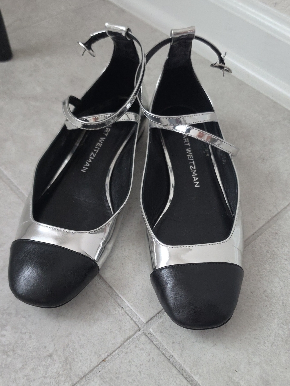 Stuart Weitzman Silver and Black Cap-Toe Ankle-Strap Flats